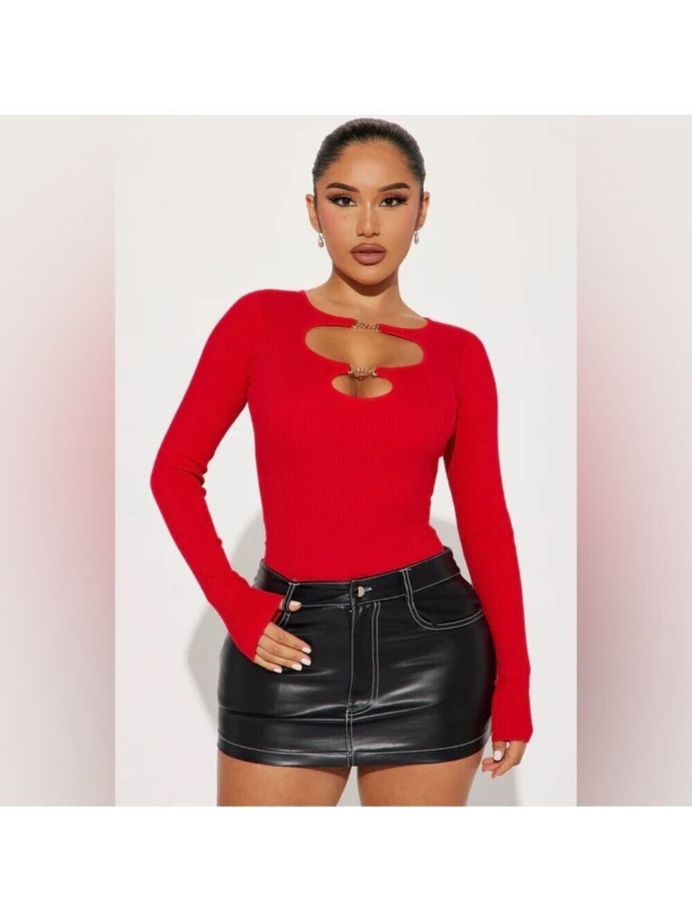 Fashion Nova Red Cutout Viscose Blend Ribbed Stretchy Bodysuit Large $30